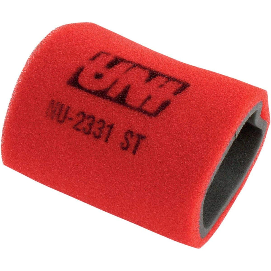 Red air filter with black text on a white background