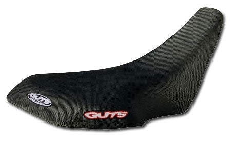 Black motorcycle seat with Guts branding on a white background