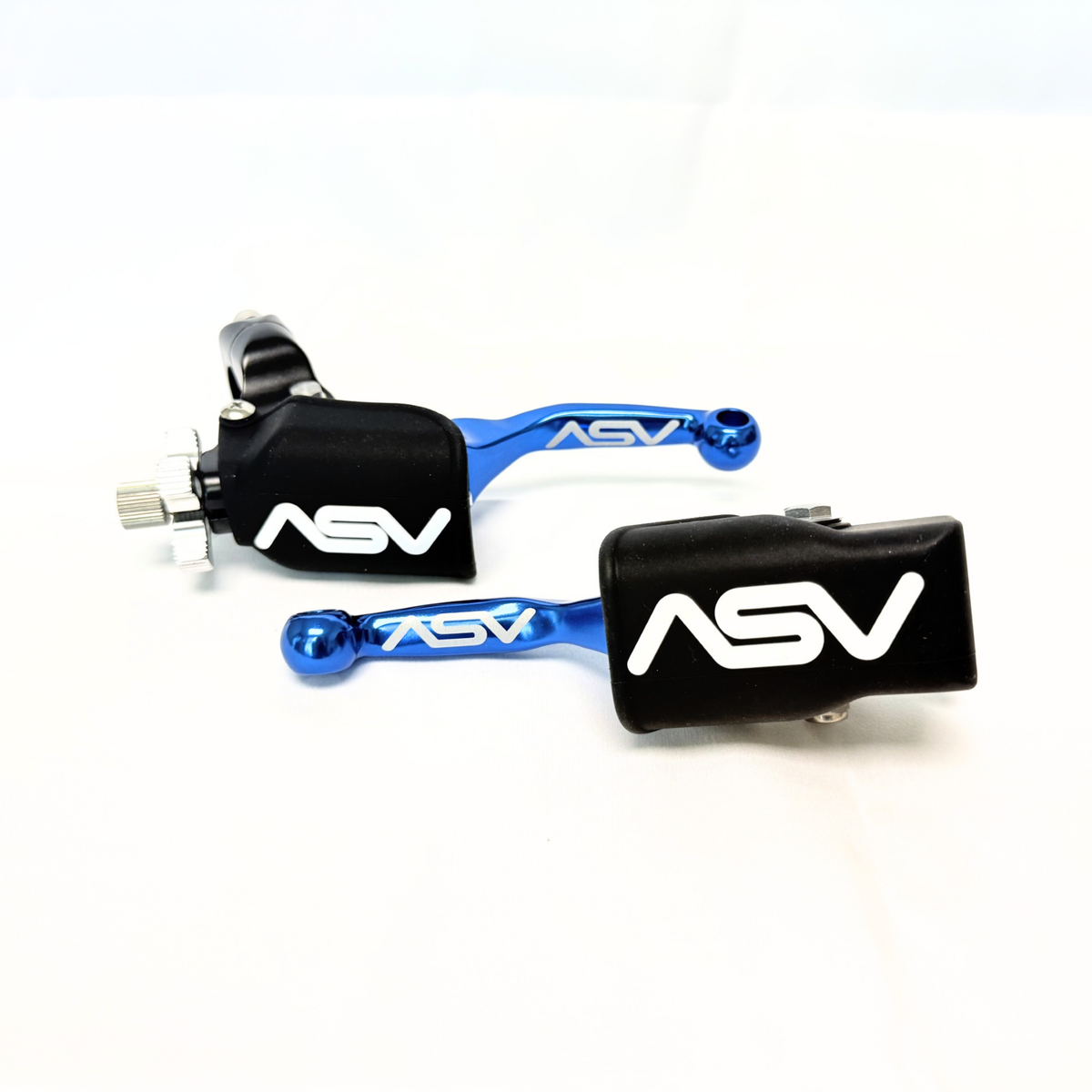 A pair of motorcycle brake levers with black rubber guards and bright blue metal arms, featuring a white 'ASV' logo, displayed on a clean white background.