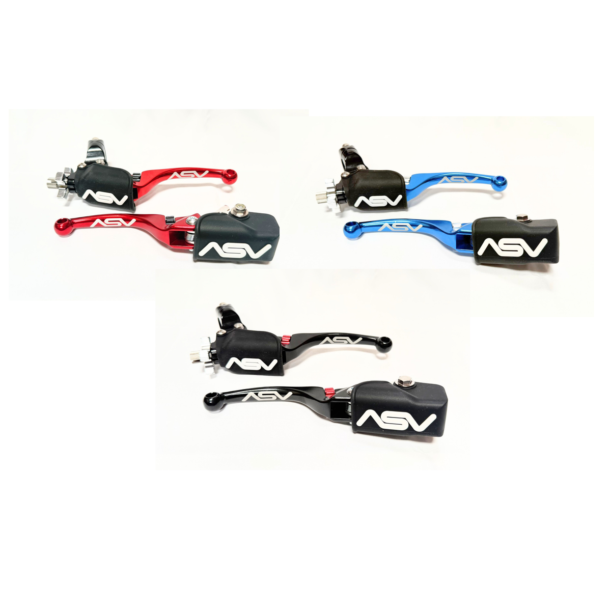 Four motorcycle clutch and brake levers with ASV branding, shown in red, blue, and black color options on a white background.
