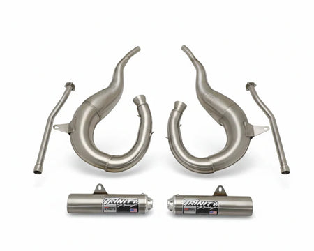 A motorcycle exhaust system kit featuring two large curved stainless steel mufflers, two straight pipe sections, and two cylindrical catalytic converters with visible Faintly branding, displayed on a clean white background.