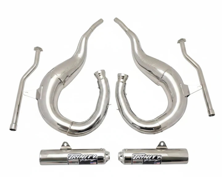 Motorcycle exhaust pipes and mufflers with 'Trinity' branding on a white background